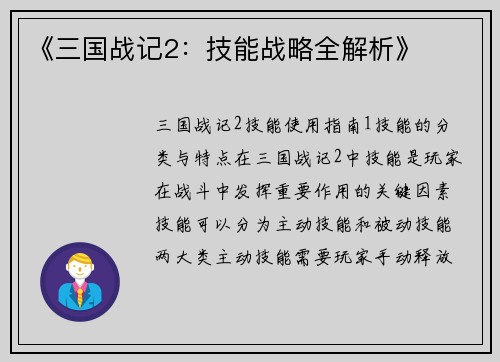 《三国战记2：技能战略全解析》