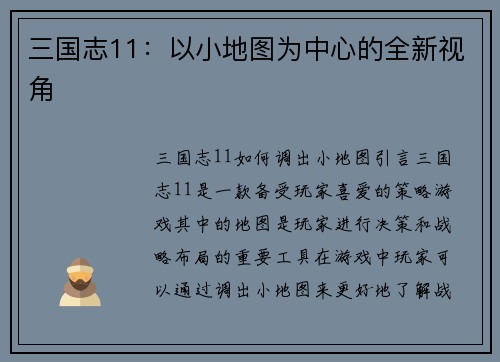 三国志11：以小地图为中心的全新视角